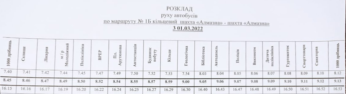 График движения маршруток по городу Доброполье на 01 марта 2022 года
